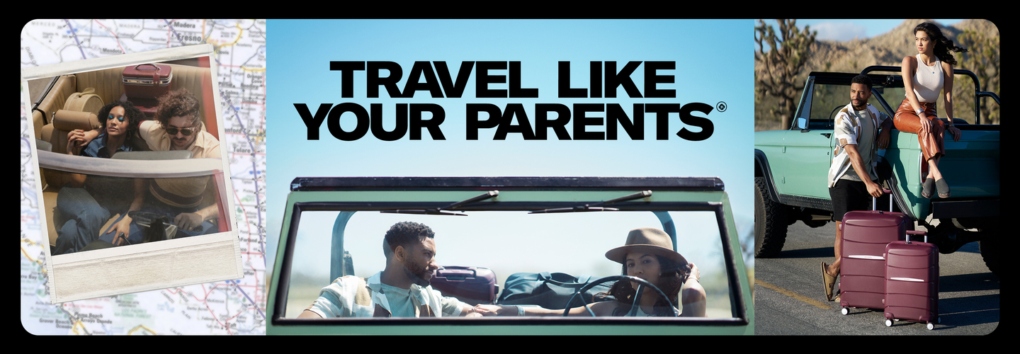 A collage of nostalgic roadtrip travel with the headline, "Travel Like Your Parents".